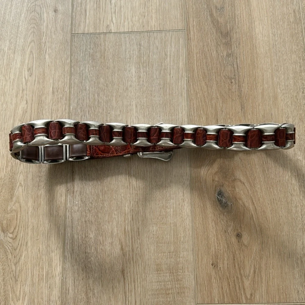 Vintage Leather Brown Unique Heavy Silvertone Embellished Woven Belt